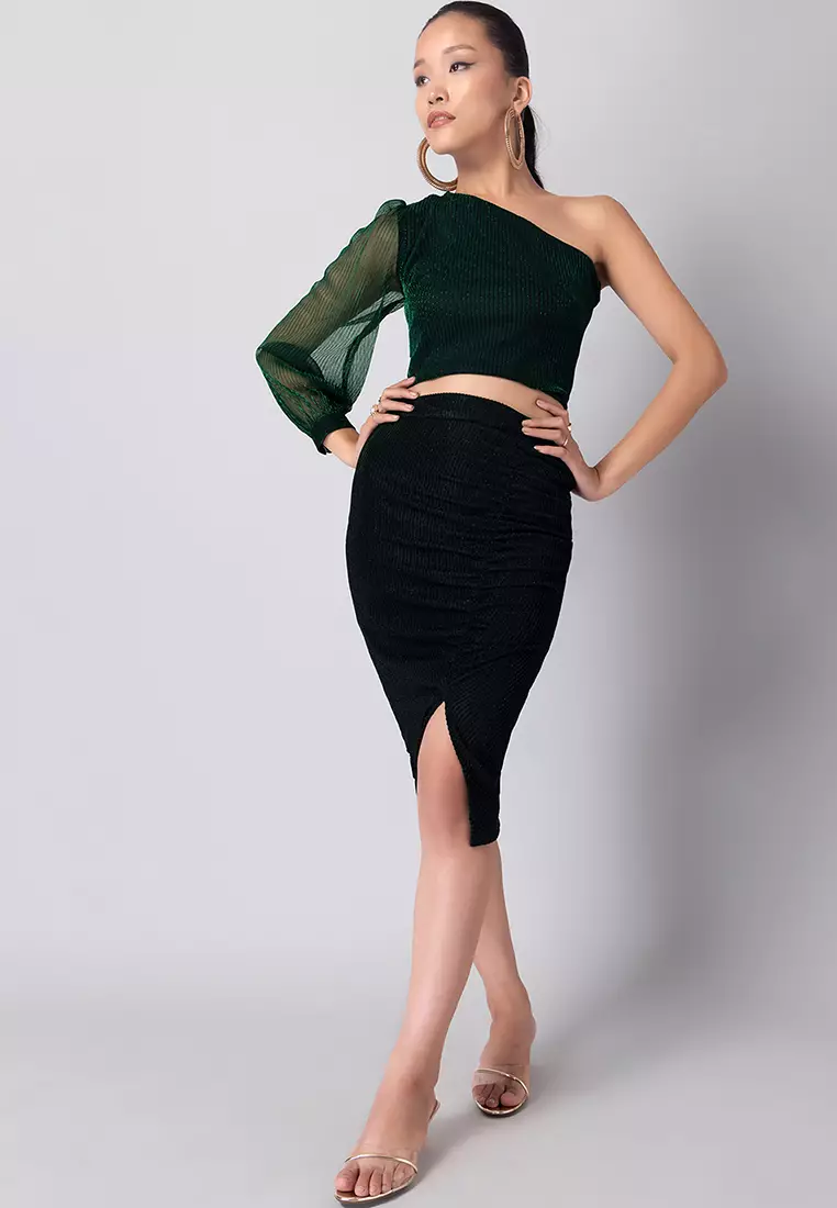 FabAlley Green Pleated One Shoulder Crop Top
