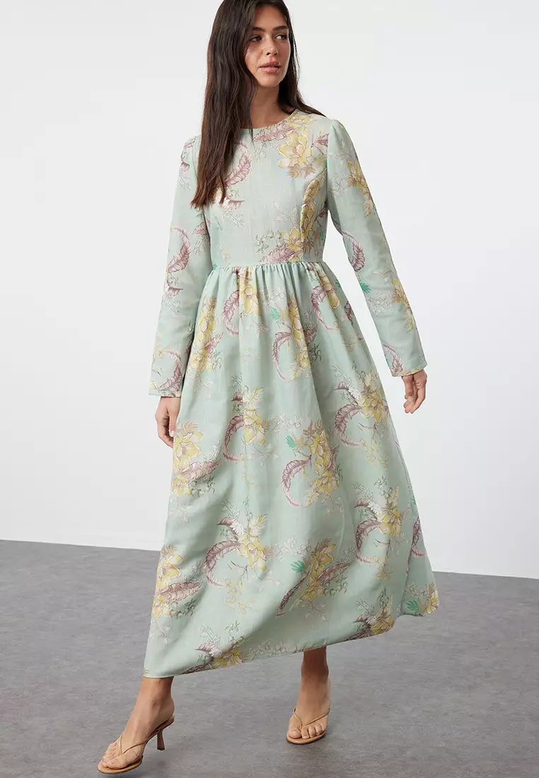 Mint Floral Linen Look Woven Dress Tctss24Eb00225