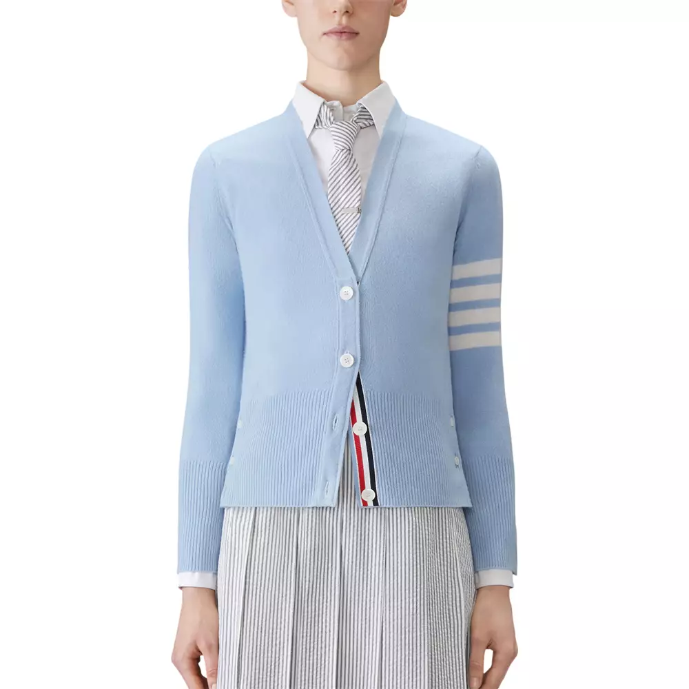 4-Bar Cashmere Classic V-Neck Cardigan Light Blue