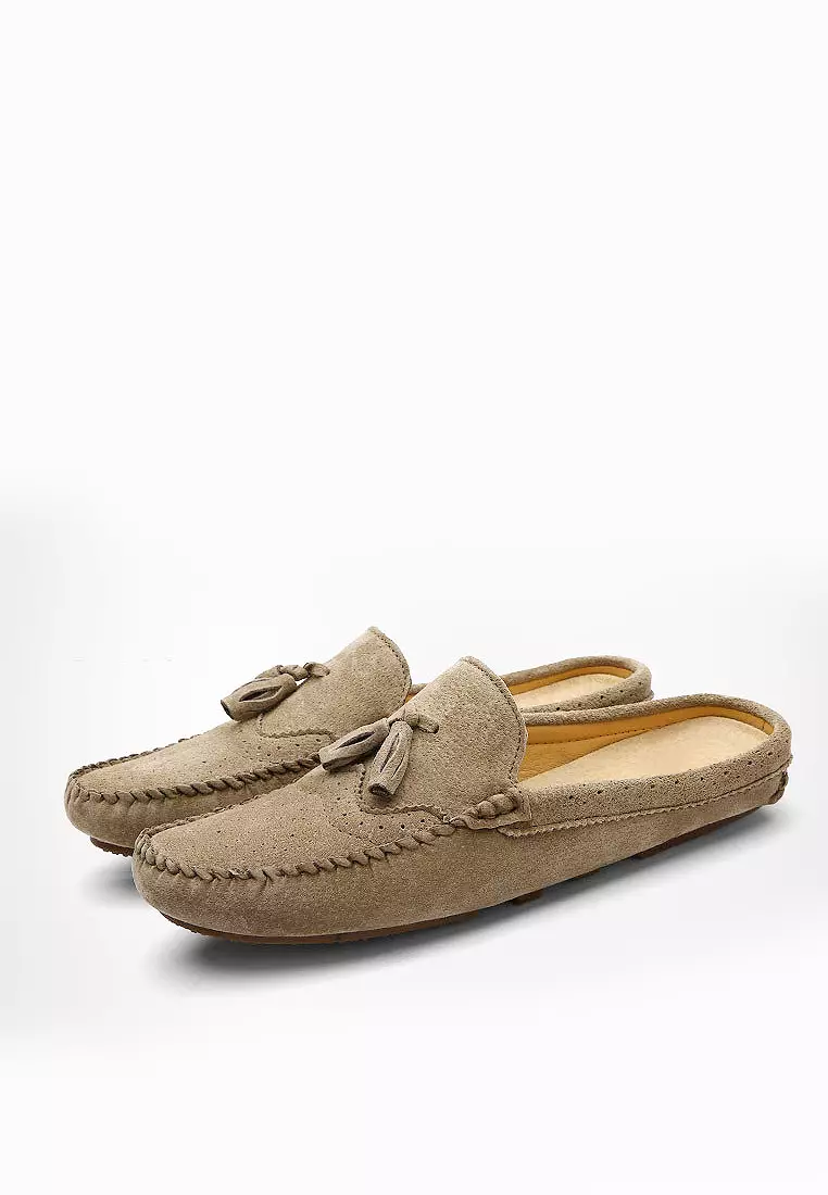 Ergonomic pigskin fringed half slippers