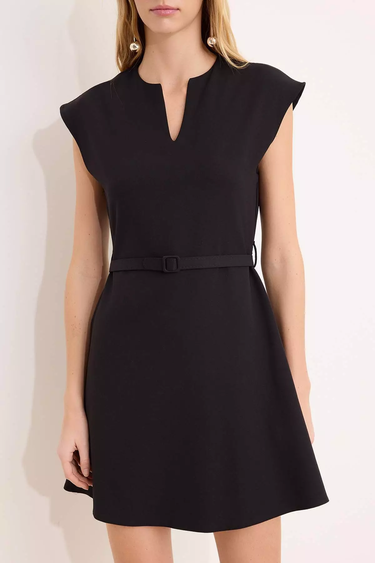 Black Belt Li Skirt Flared From The Waist Mini Stretchy Woven Dress Twoss26El294