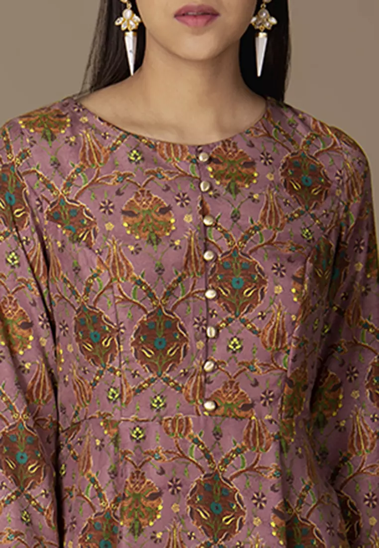 Pink Floral Glass Fringe Trim Maxi Kurta