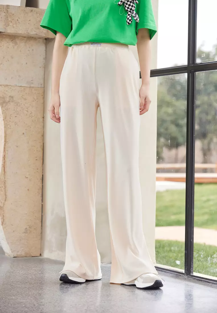 High Waist Cotton Pants with Slit Hem