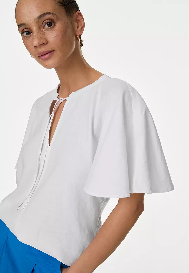 Linen Rich Tie Neck Angel Sleeve Blouse