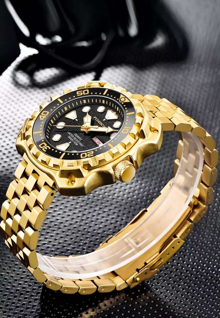 Buy LIGE FOXBOX Unisex IP Gold Stainless Steel Diver's Quartz Watch ...
