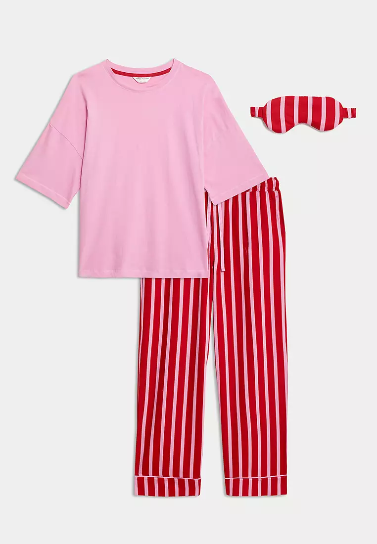 Women's Candy Striped Family Christmas Pyjama Set with Eye Mask