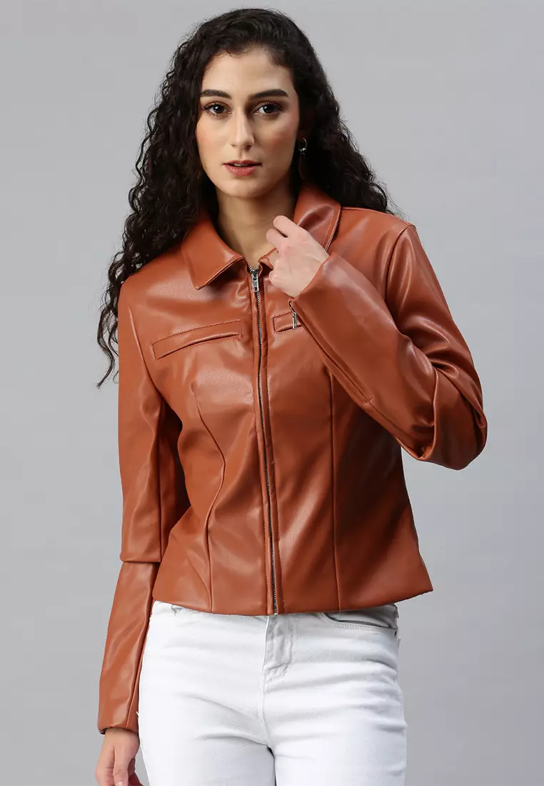 Faux leather sales tan jacket