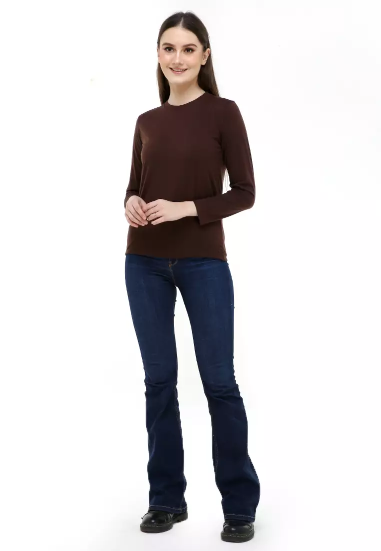 Seth Tshirt Long Sleeve Motif Polos Design Simple Atasan Wanita - Coklat