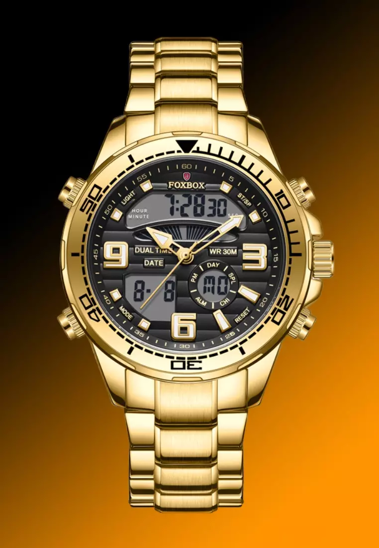 FOXBOX Unisex Stainless Steel Diver's Analogue/Digital Quartz Watch, Black Dial, Stainless Steel Bracelet, 30m Water Resistant