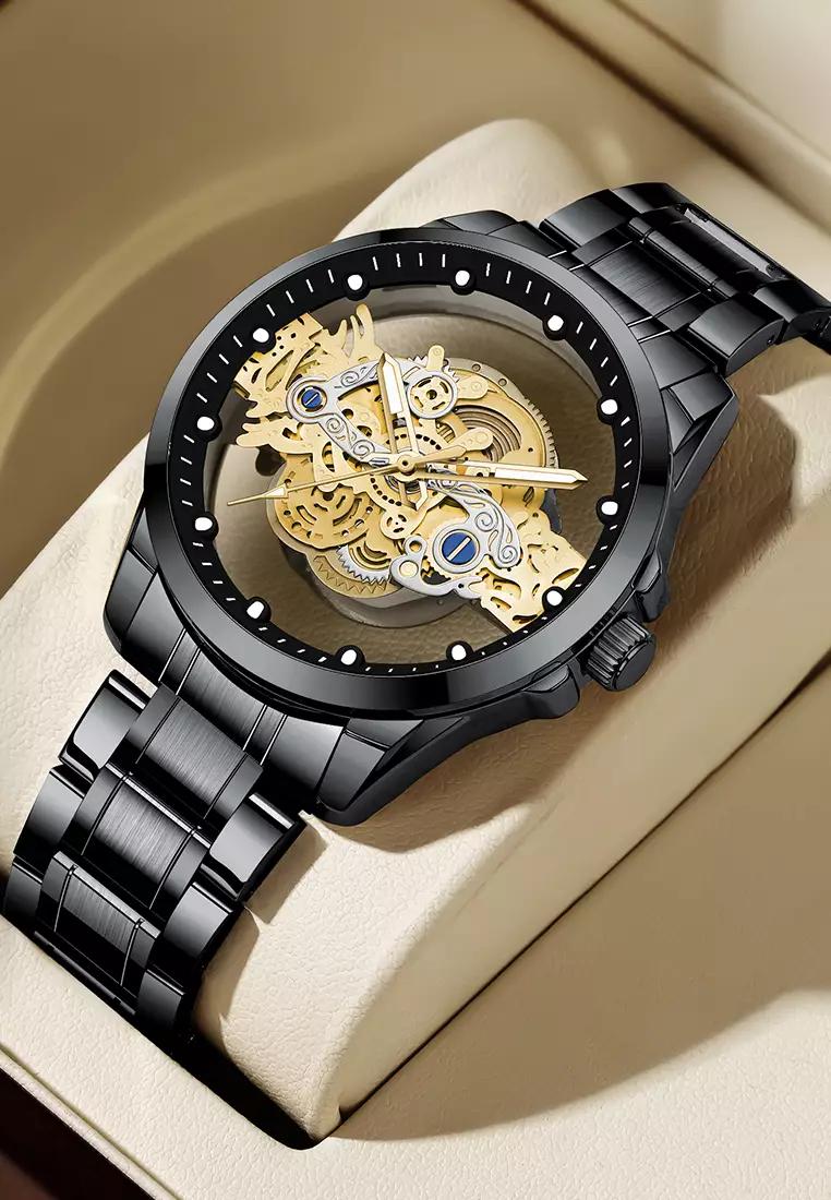 Jam Tangan Pria HD Luminous Function Hollow Dial Tali Stainless Steel Anti Air Jam Tangan Cowok black