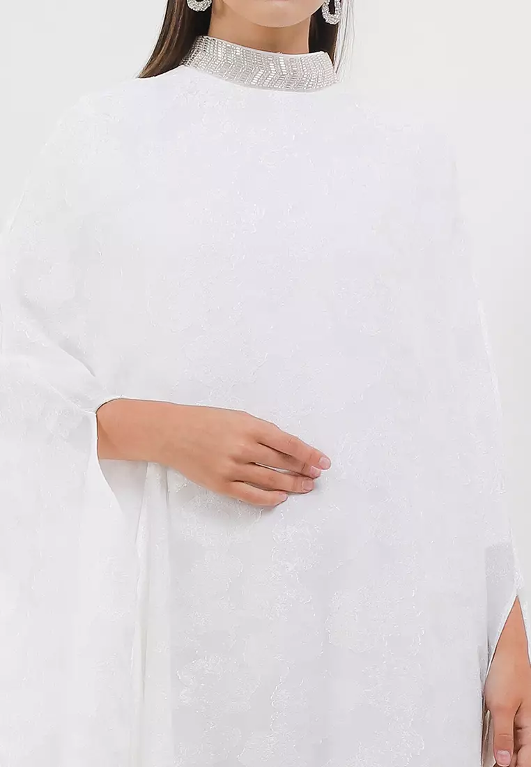 Beaded High Collar Jacquard Cape Kaftan