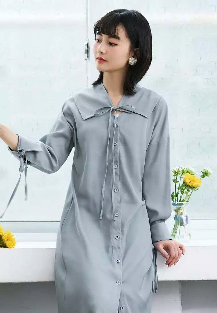 Wrinkle-Resistant Long Sleeve Maxi Dress with V-Neck and Button-Down Front [DA9989]