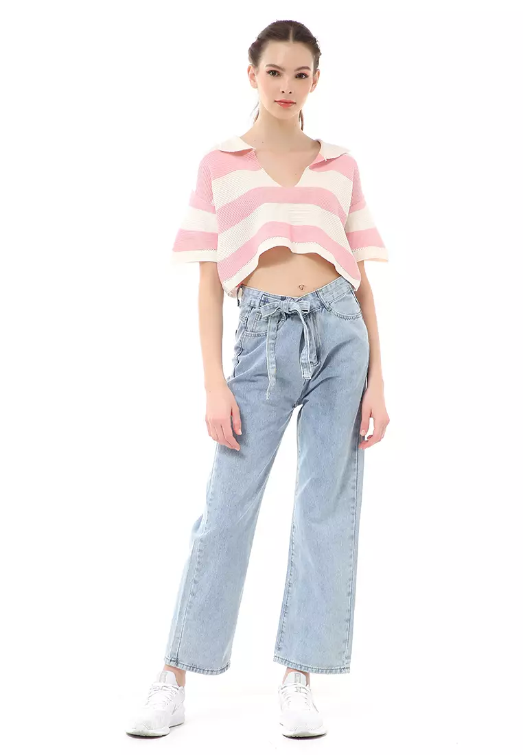 Albertine Atasan Crop Wanita Lengan Pendek Motif Salur Material Rajut ORIGINAL - Pink