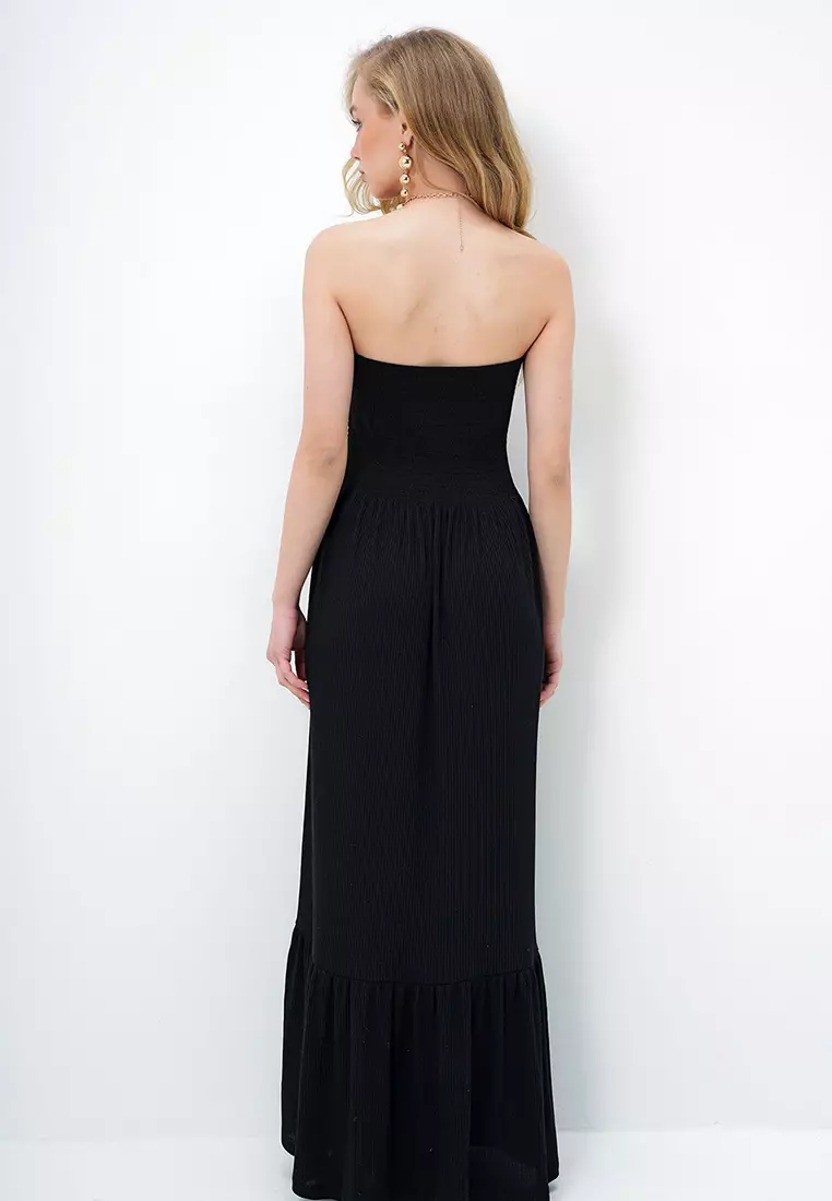 Women's Black Skirt Flounce Summer Long Strapless Dress Alc-X14127