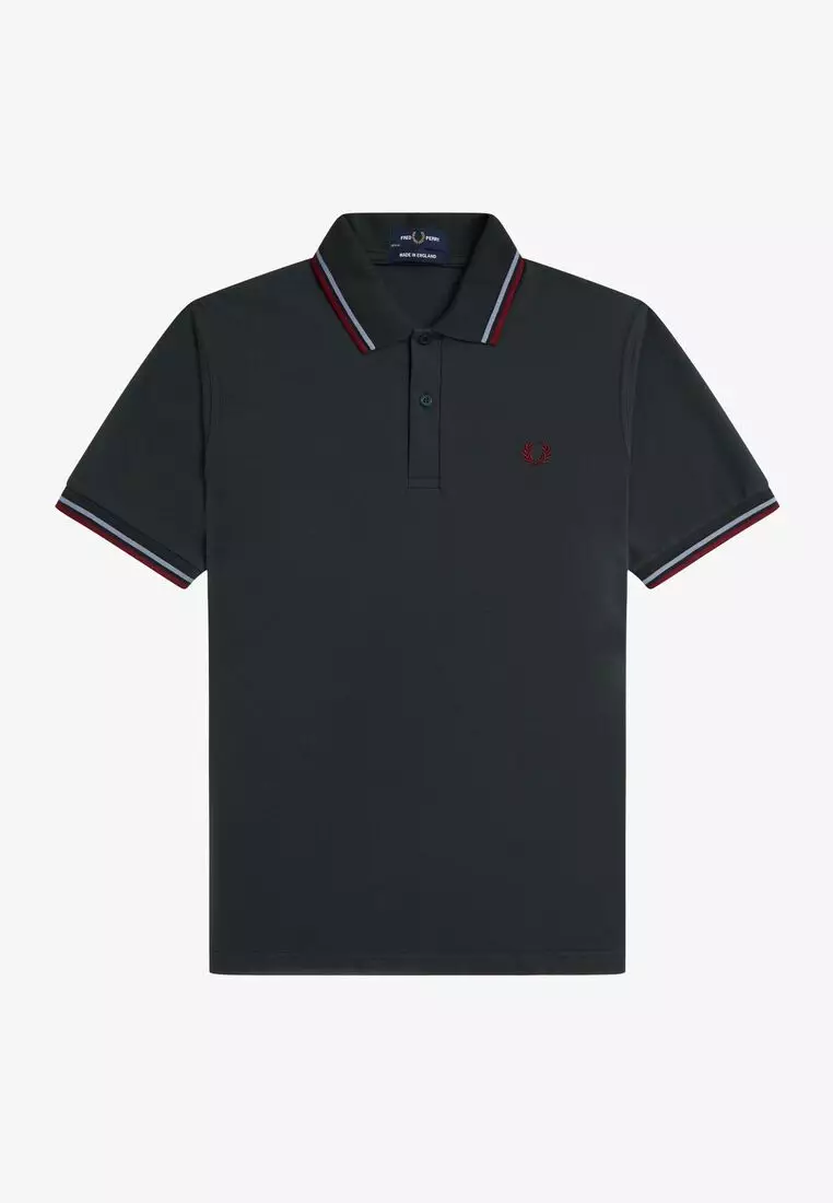 Fred Perry M12 Made in England Twin Tipped Fred Perry Shirt (Night Green / Light Smoke / Burnt Red)