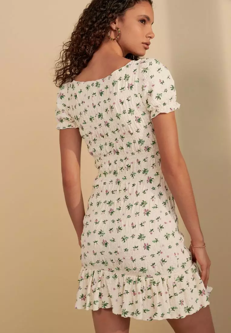 Shirred Puff Sleeve Mini Dress