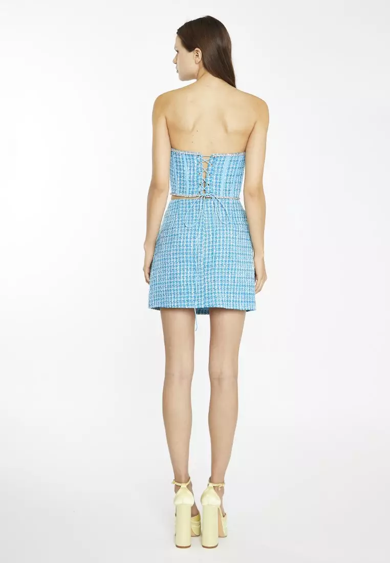 Cyan Blue Tweed Diamante Trim Corset