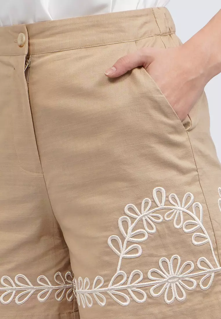 Embroidered Linen Short Pants KHAKI