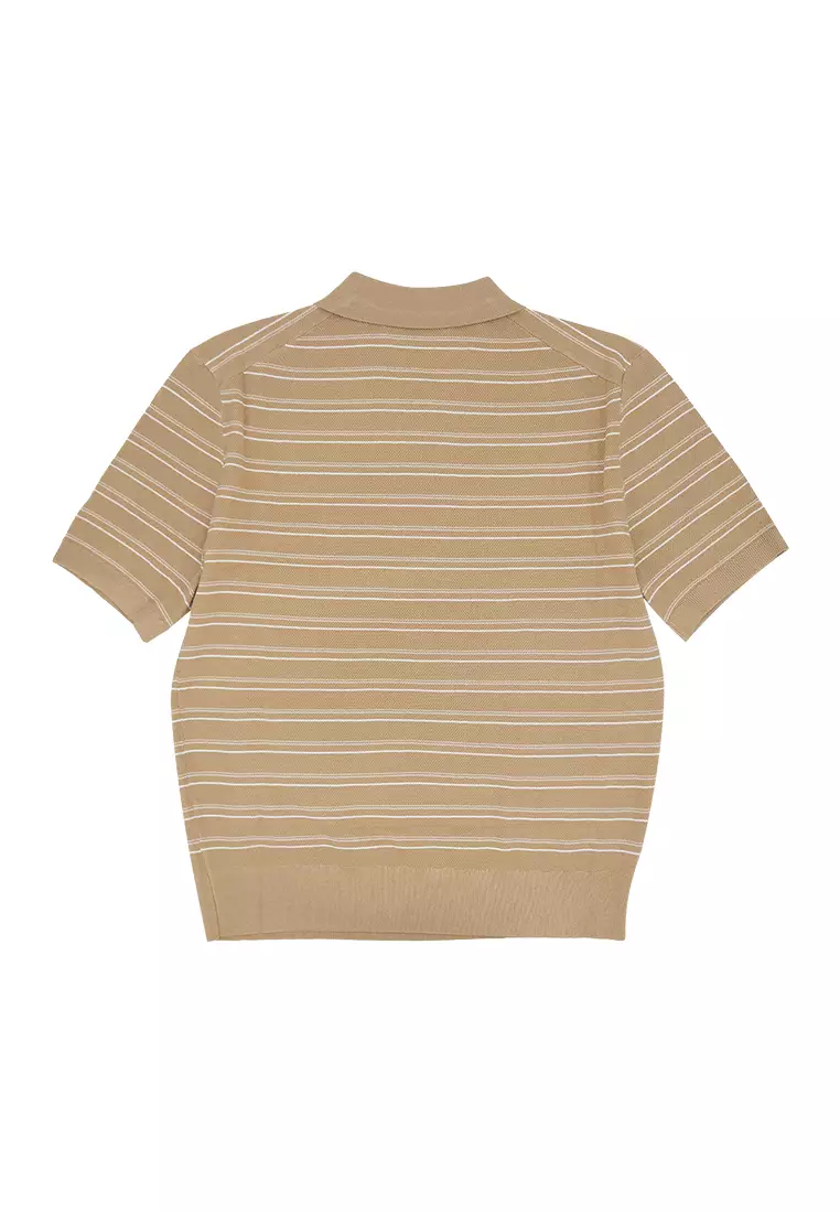 Men's Stripes Knit Poloshirt - Caramel/White