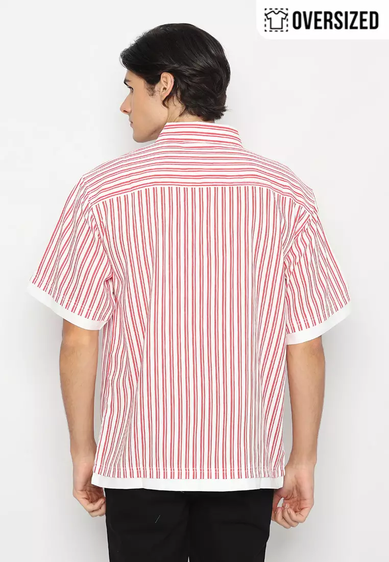 RBJ Kemeja Salur Kombi Oversized Putih Merah Pria