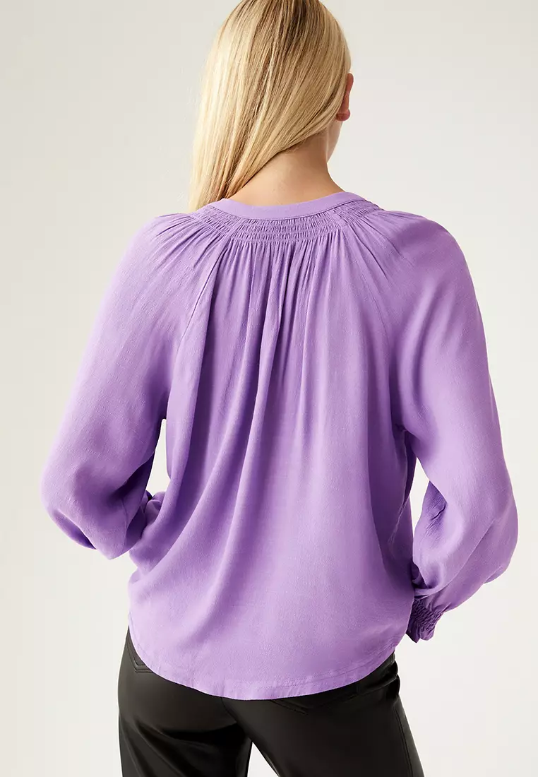 Round Neck Shirred Long Sleeve Blouse