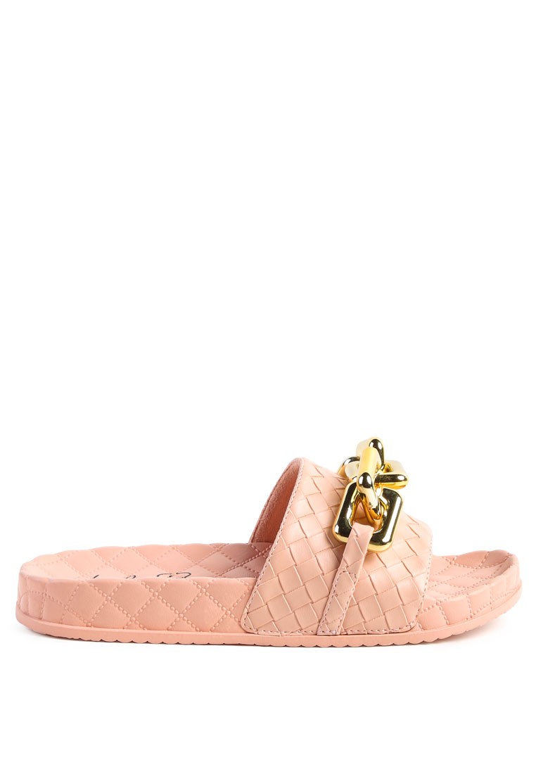Pink Bling Chain Strap Woven Slip On Flats