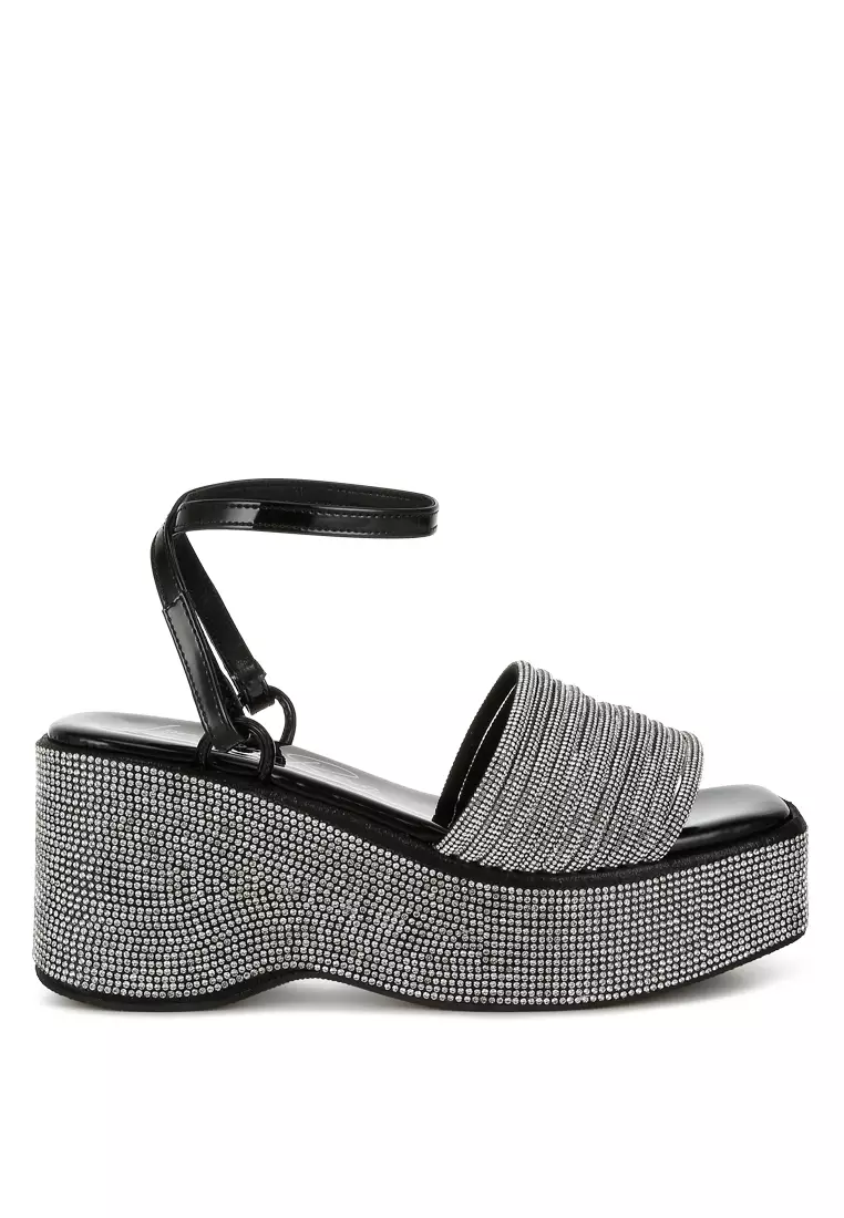 Black Rhinestone Embellished Lace-Up Sandals