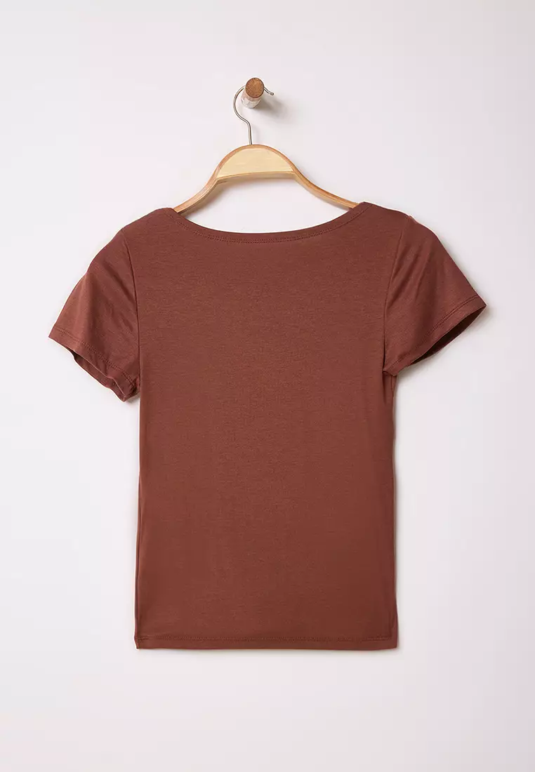 Brown Gather/Drape Detailed Fitted/Body Fitted Knitted Blouse TWOSS25BZ00278