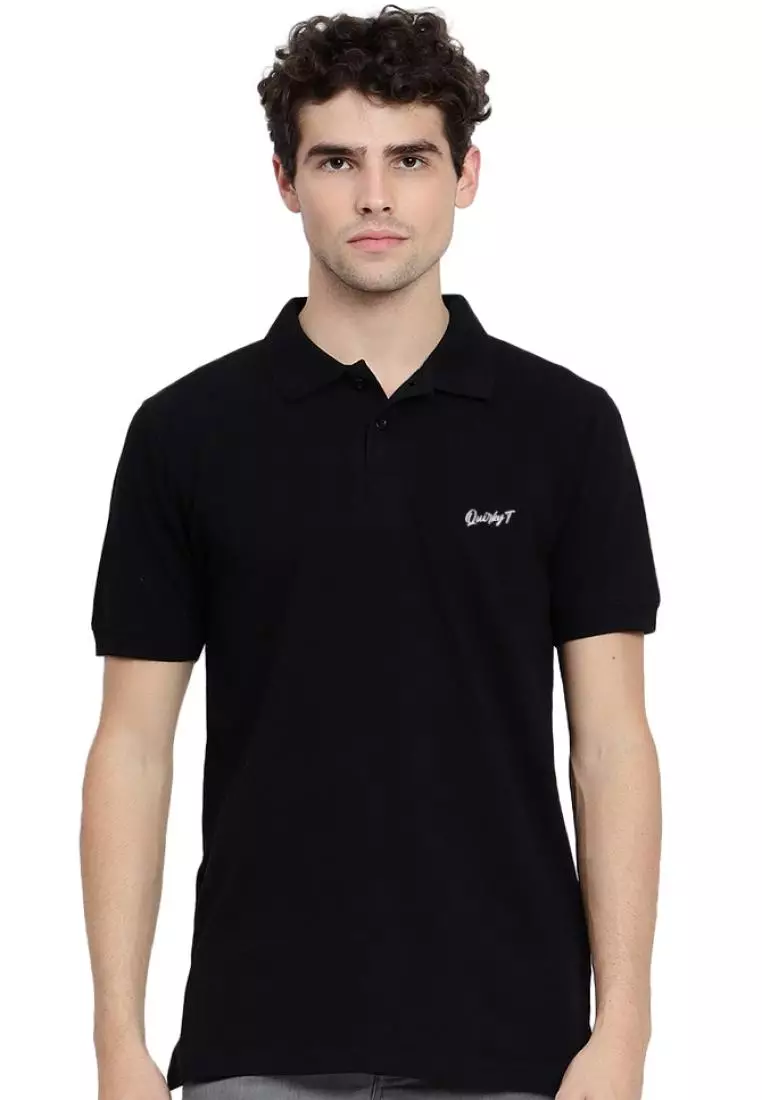 Buy QuirkyT Mens Plain Black QuirkyT Polo Neck Cotton Short Sleeve