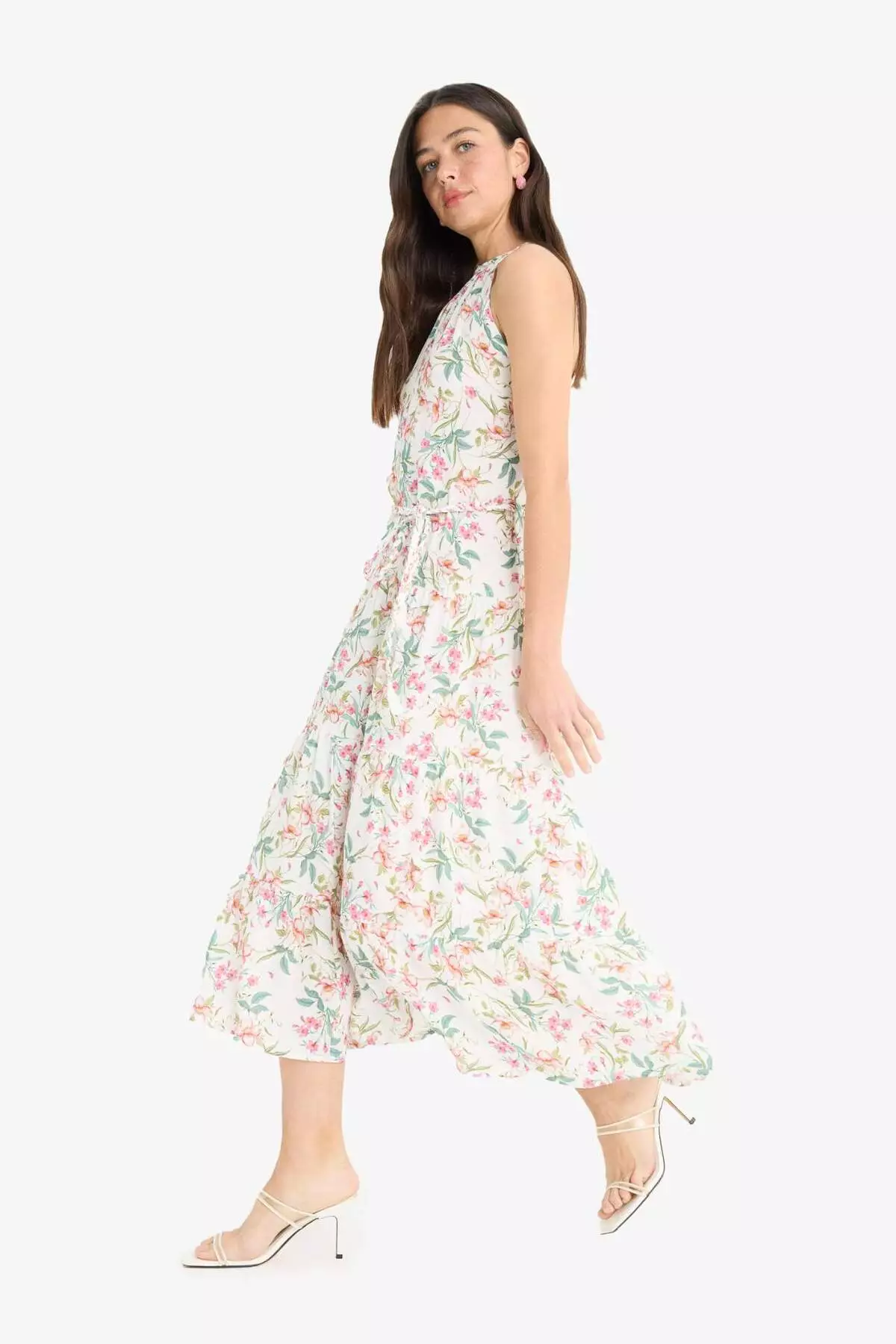 Halter Neck Floral Moroccan Sleeveless Midi Dress F7114Ax25Sm