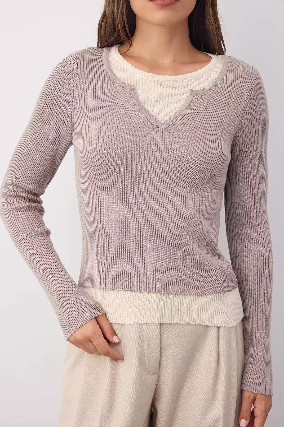 Wardrobe Essentials Beige Interlocking Look Knitwear Blouse-Sweater |