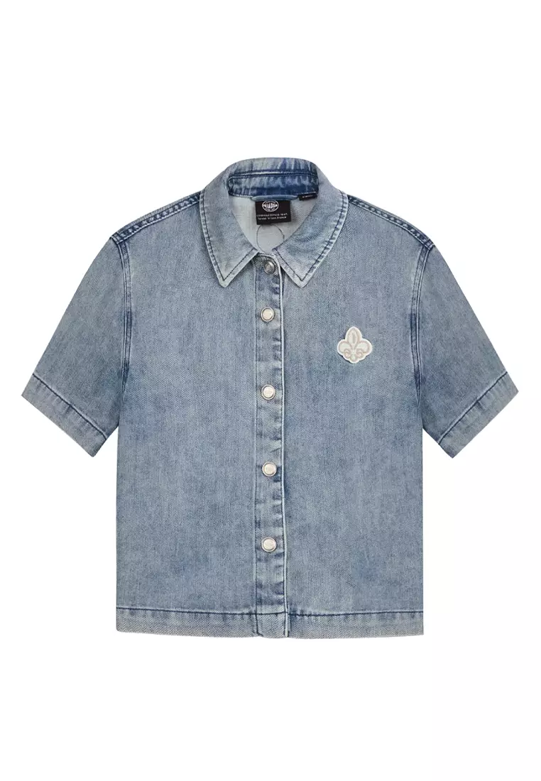 女裝刺繡鳶尾花 LOGO 短袖牛仔裇衫