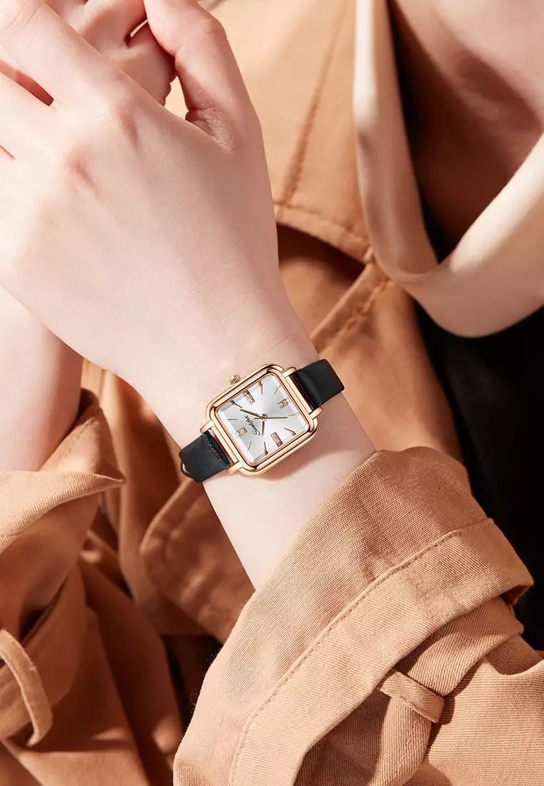 Jam Tangan Wanita Fashion Tali Kulit Jam Analog Kecil Gaya Korea Barsh Jam Tangan cewek black white