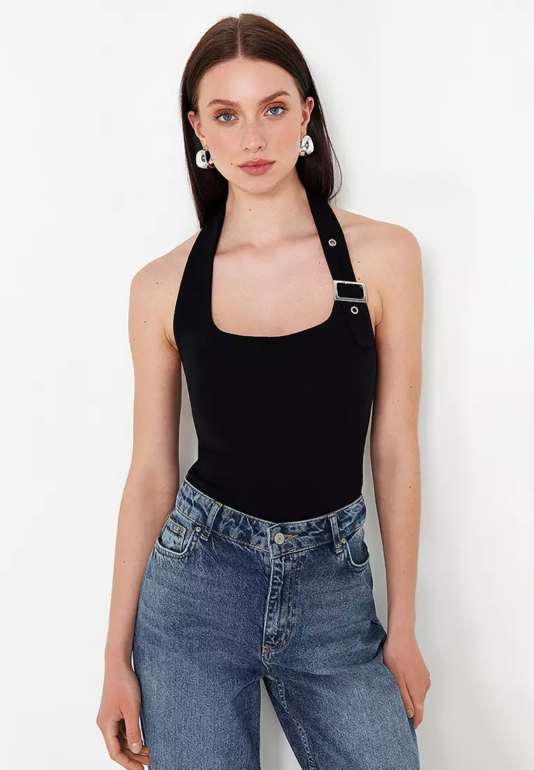 Black Halter Neck Belt Detail Fitted Knitted Blouse