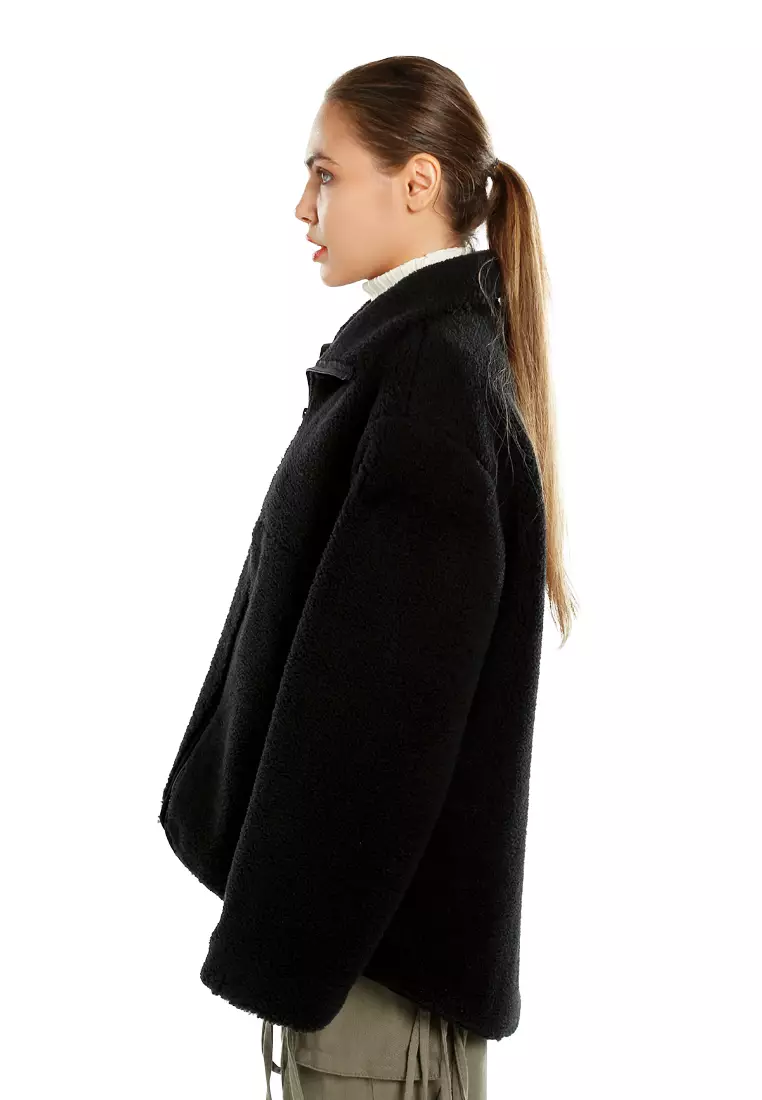 Unisex Fleece Collar Jacket In Black
