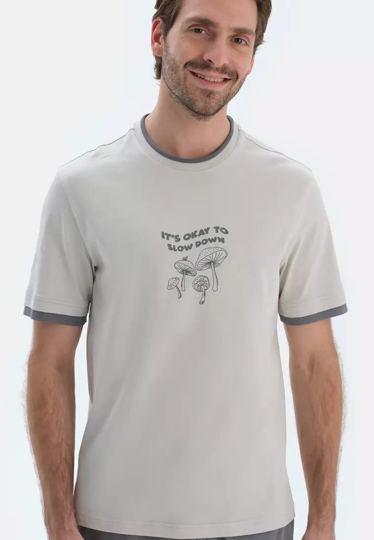 Light Grey T-Shirt & Trousers, Slogan, Crew Neck, Regular, Long Leg, Short Sleeve Sleepwear for Men