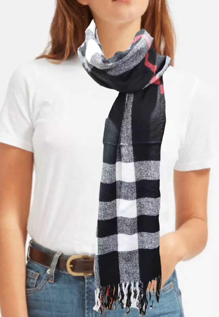 Checkered Cashmere Shawl Mustard Syal Wanita Black