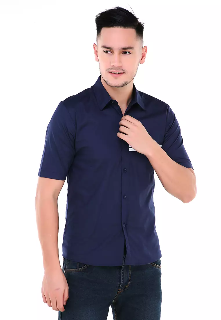 Dwan Atasan Kemeja Pria Three Lines Slim Fit Casual Shortsleeve Shirt Material Cotton ORIGINAL - Navy