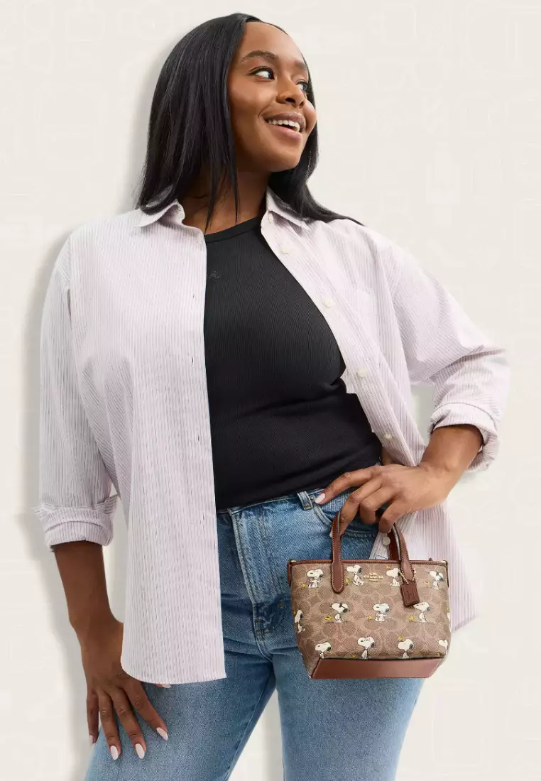 Coach X Peanuts City Mini Tote Bag In Signature Canvas With Snoopy Print Tan Brown Multi