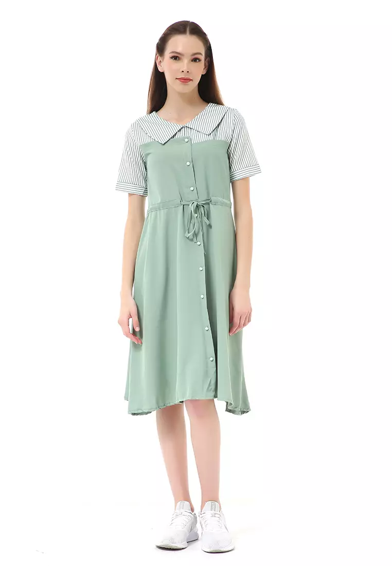 Rachel Midi Dress Wanita Lengan Pendek Vintage Design Tali Pinggang Material Cotton ORIGINAL - Green