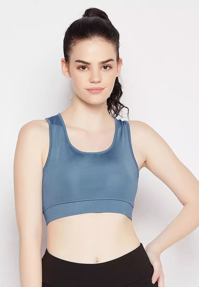 Clovia Medium Impact Padded Sports Bra in Stone Blue with Racerback
