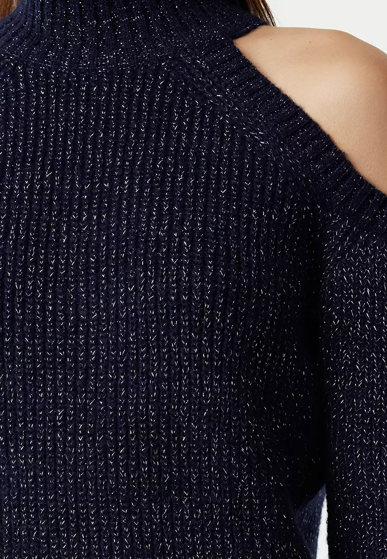 Navy Blue Glitter Cut Out Detailed Knitwear Sweater
