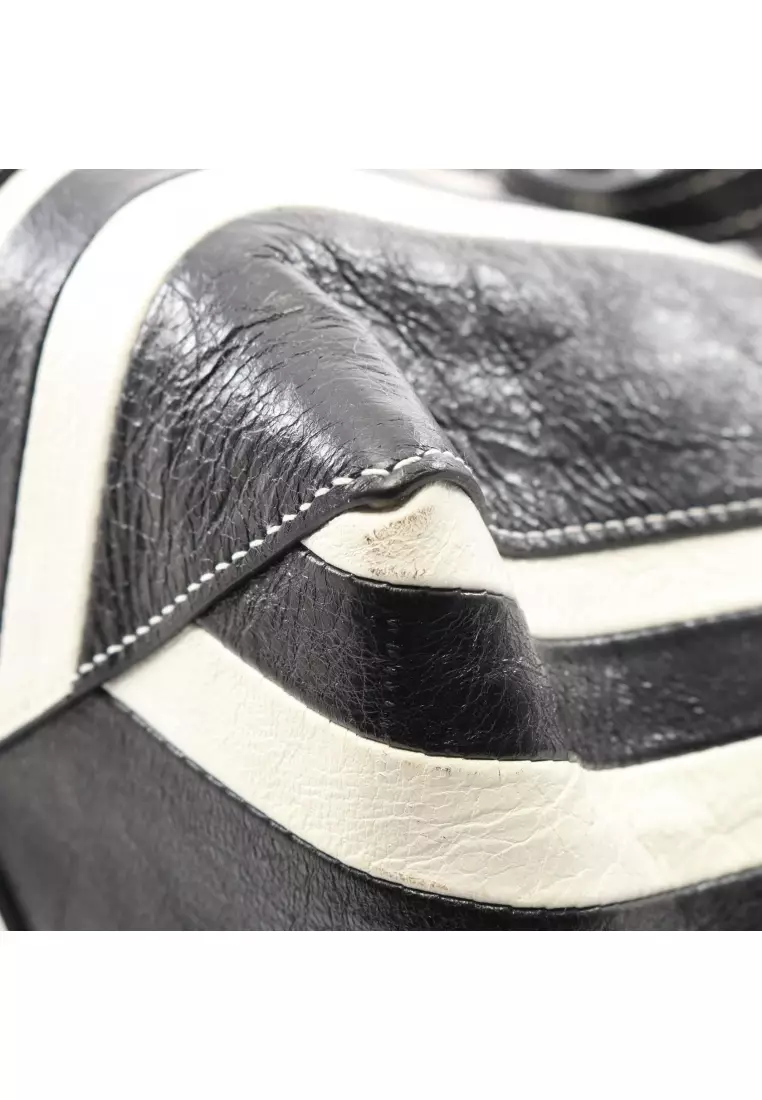 Pre-Loved BALENCIAGA BARBES E/W SHOPPER Shoulder bag tote bag stripe leather black white 2WAY