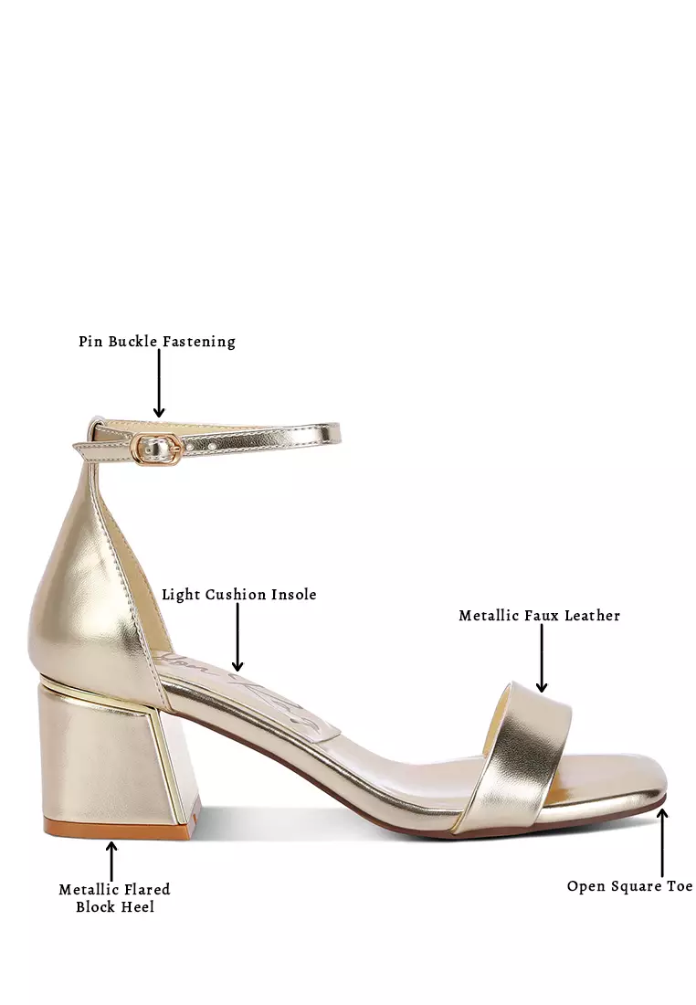 Gold metallic block heel sandals on sale