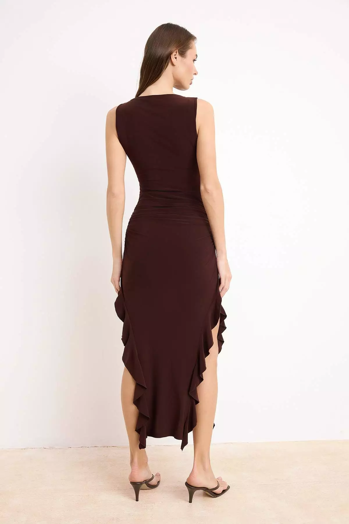 Brown Bodycone Zero Sleeve Slit Ruffle Detailed Stretchy Maxi Pencil Dress Twoss24El688