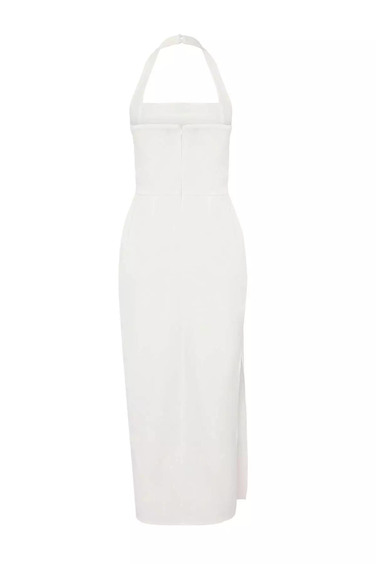 White Lined Body Fitting Midi Dress With Slit Detail