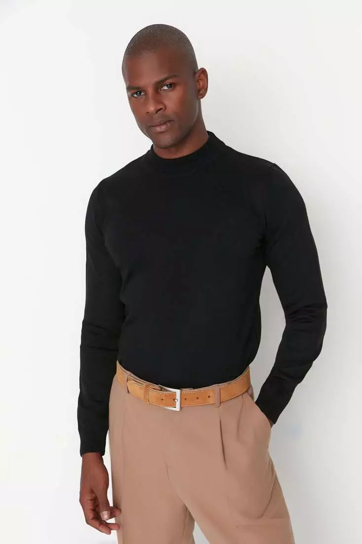 Black Men's Slim Fit Half Turtleneck Basic Sweater