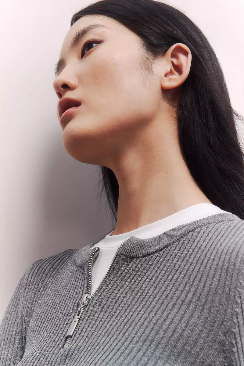 Zip-top rib-knit top