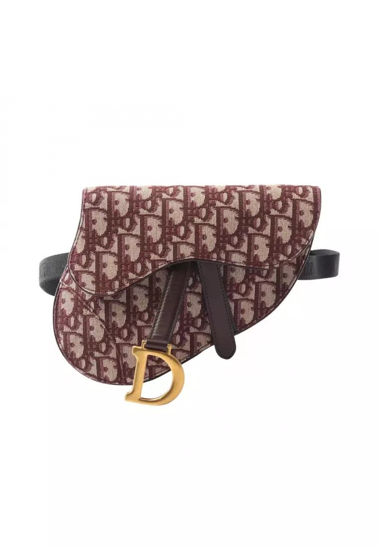 Pre-Loved Christian Dior SADDLE saddle oblique waist bag body bag canvas leather beige Bordeaux