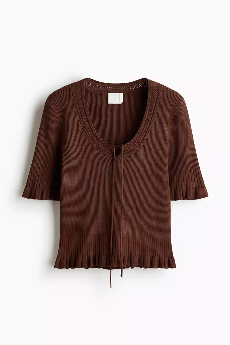 Frill-trimmed rib-knit top